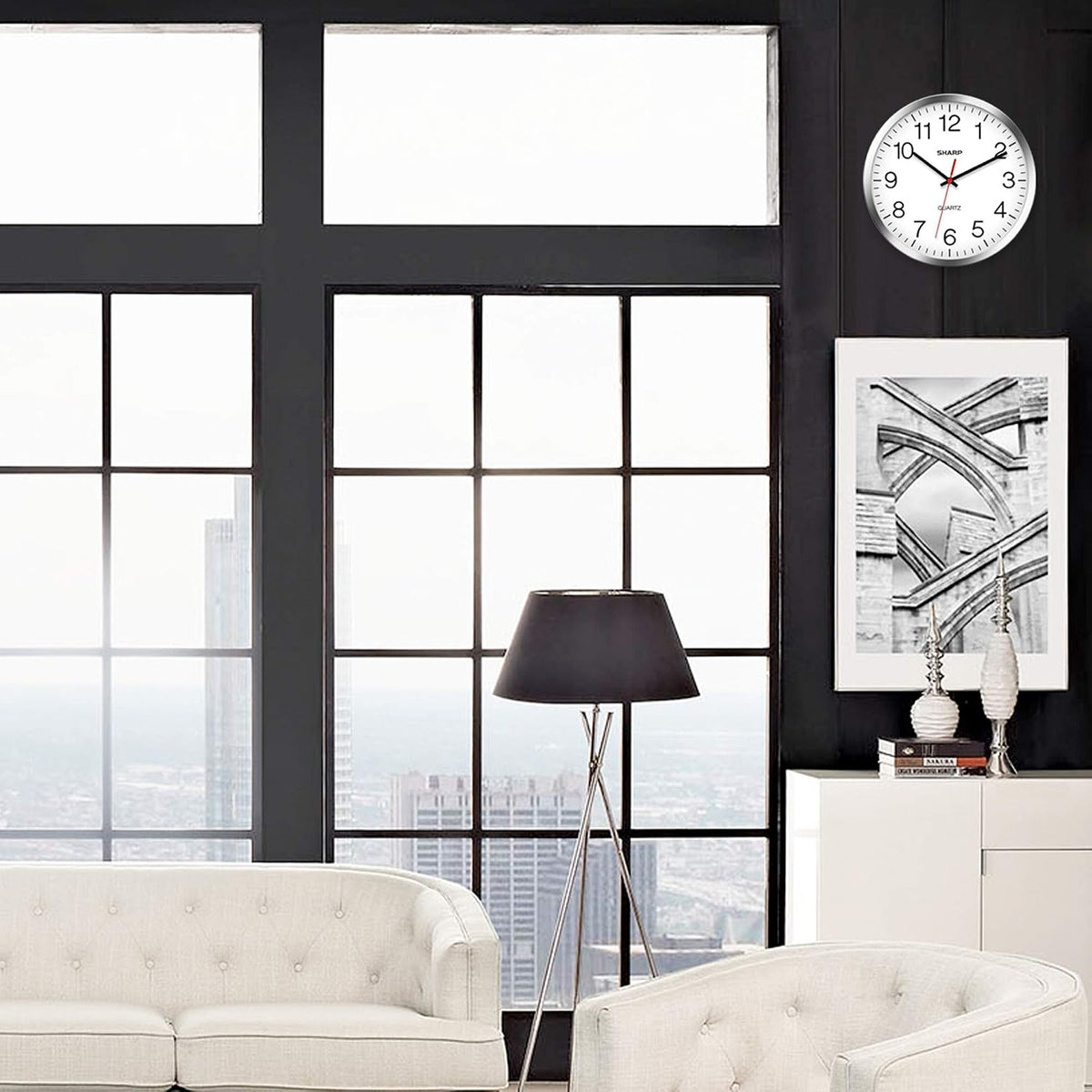 Sharp 12-Inch Battery Wall Clock, Silent Non-Ticking, Easy-Read, Silver
