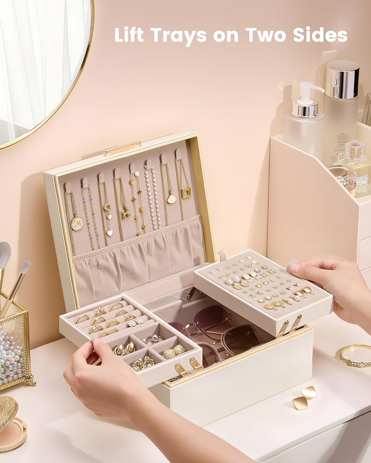 Lolalet Jewelry Box for Women Girls, 2 Layer Jewelry Organizer -Cream