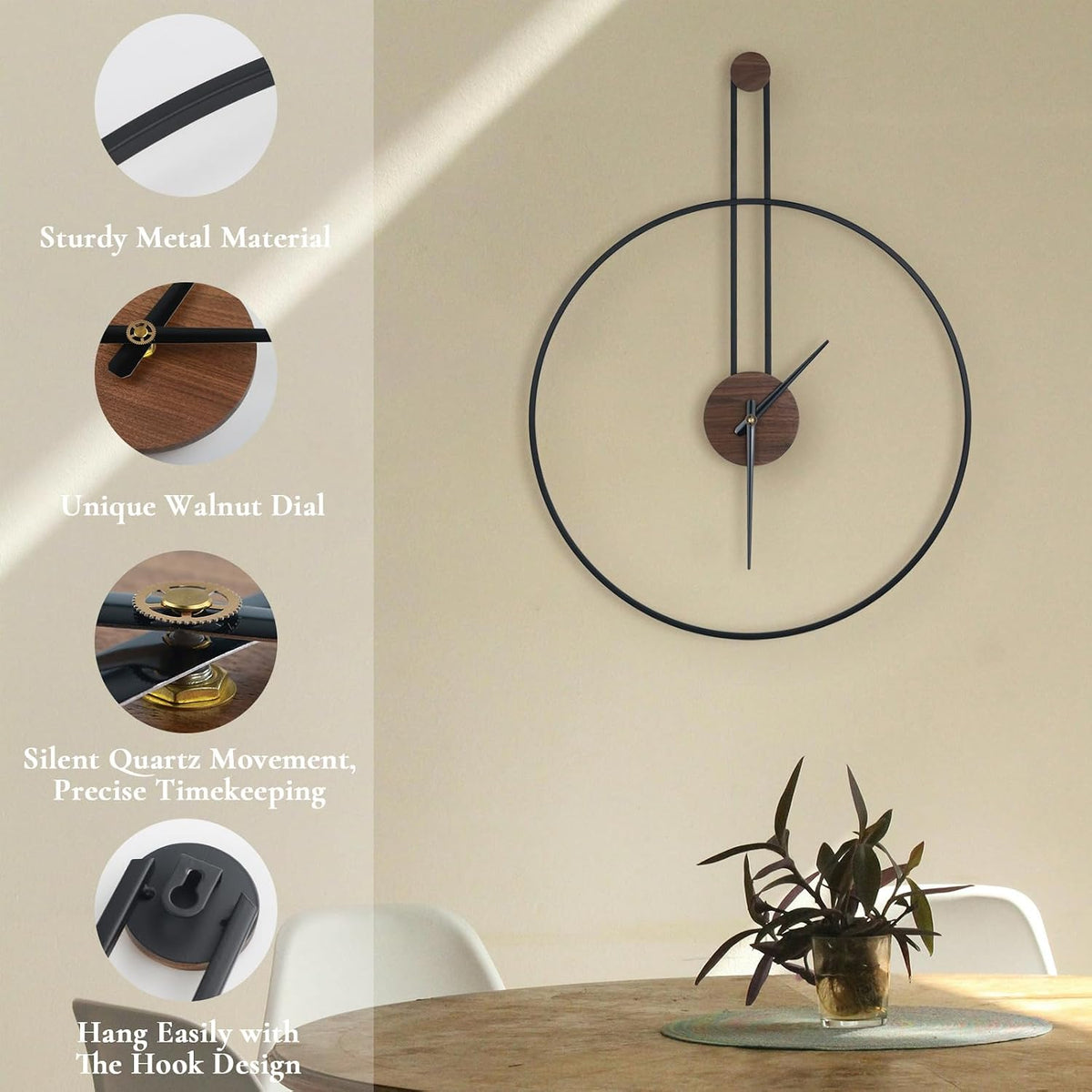 DRELIFAM Modern Wall Clock Large Wall Clocks with Walnut Dial Silent Non-Ticking for Living Room Home Decor Bedroom Kitchen Office