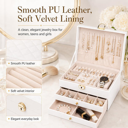 Jewelry Boxes for Women Girl Large PU Leather Jewelry Organizer Box with Lock Jewelry Organizers and Storage Case with Two drawers Display for Earrings Bracelets Rings Watches