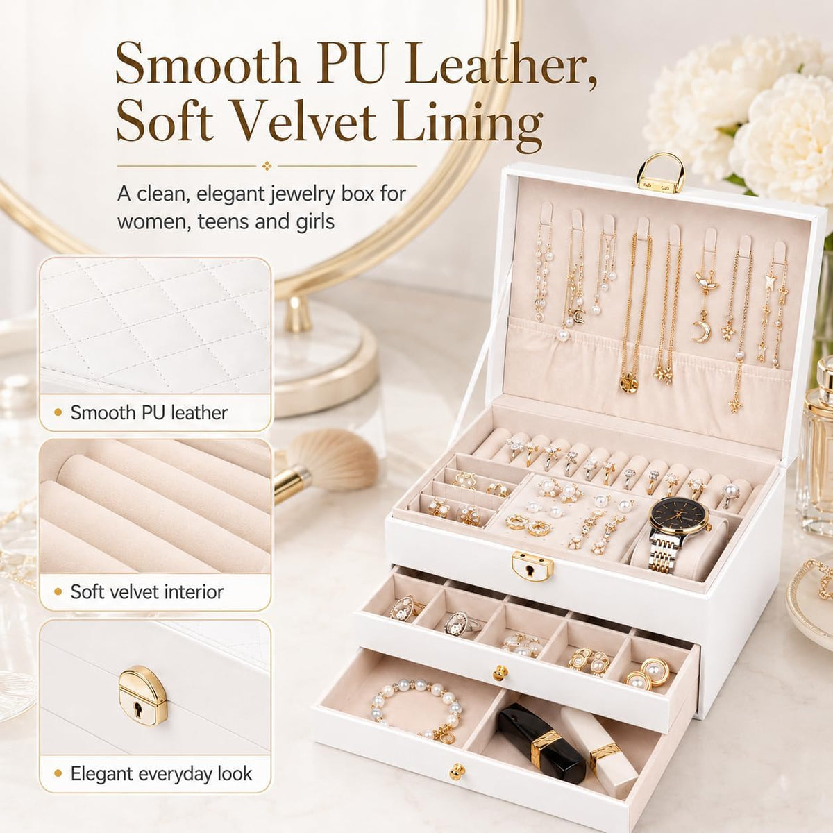 Jewelry Boxes for Women Girl Large PU Leather Jewelry Organizer Box with Lock Jewelry Organizers and Storage Case with Two drawers Display for Earrings Bracelets Rings Watches