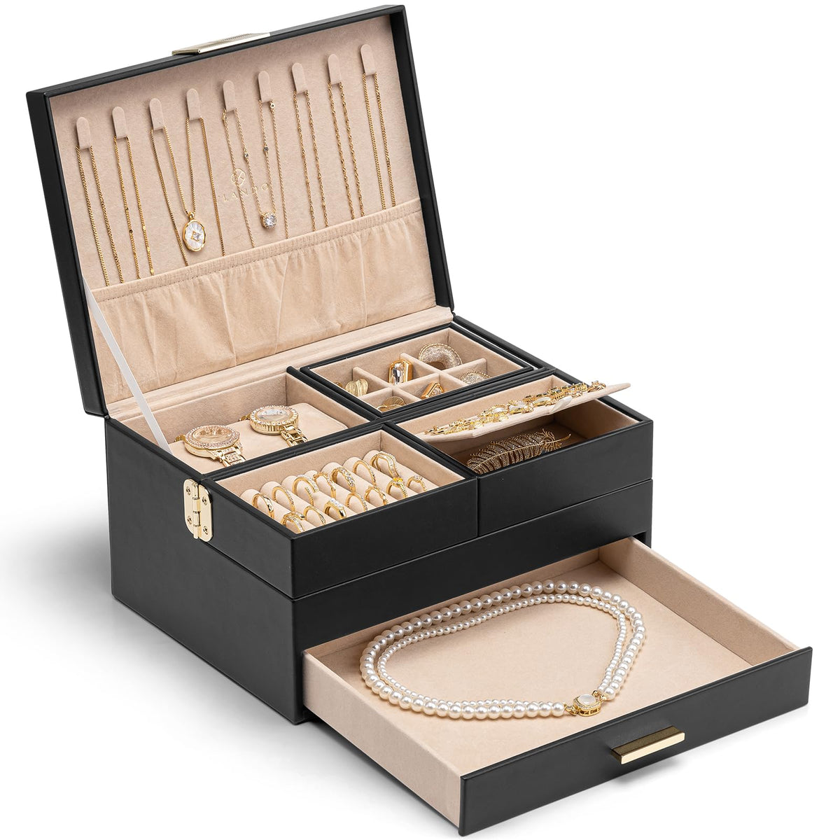 VLANDO Jewelry Box,4-Layer Design with Retractable Tray and 2 Drawers