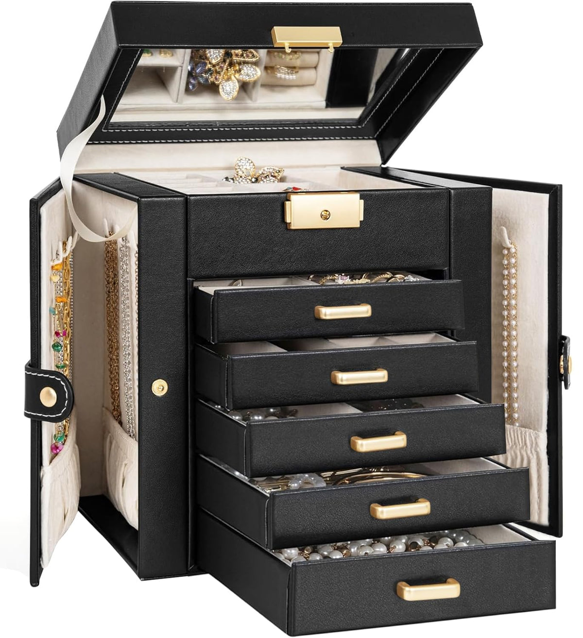 TORIBIO Jewelry Box for Women, Leather Jewelry Organizer with Mirror & Lock, 3-Tier Jewelry Storage Organizer with 2 Drawers for Girls/Women/Mothers, Necklace Earring Bracelets Holder Organizer