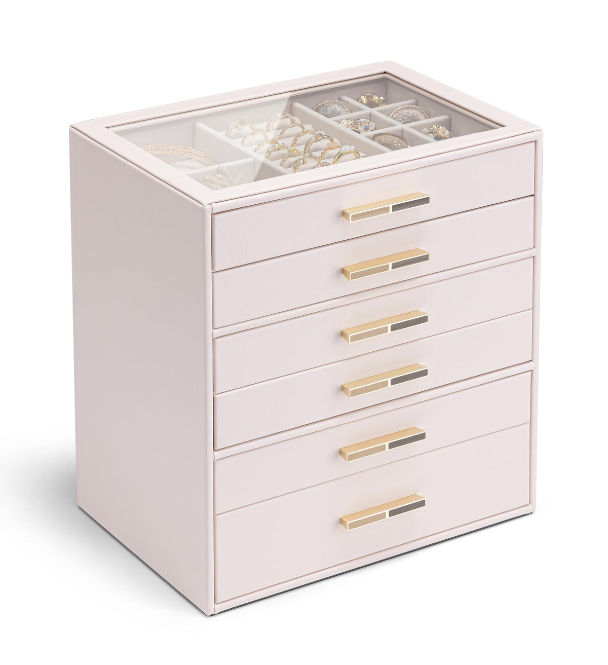 VLANDO Jewelry Box Organizer, 3-Layer Storage Drawers, Glass Window, Modern