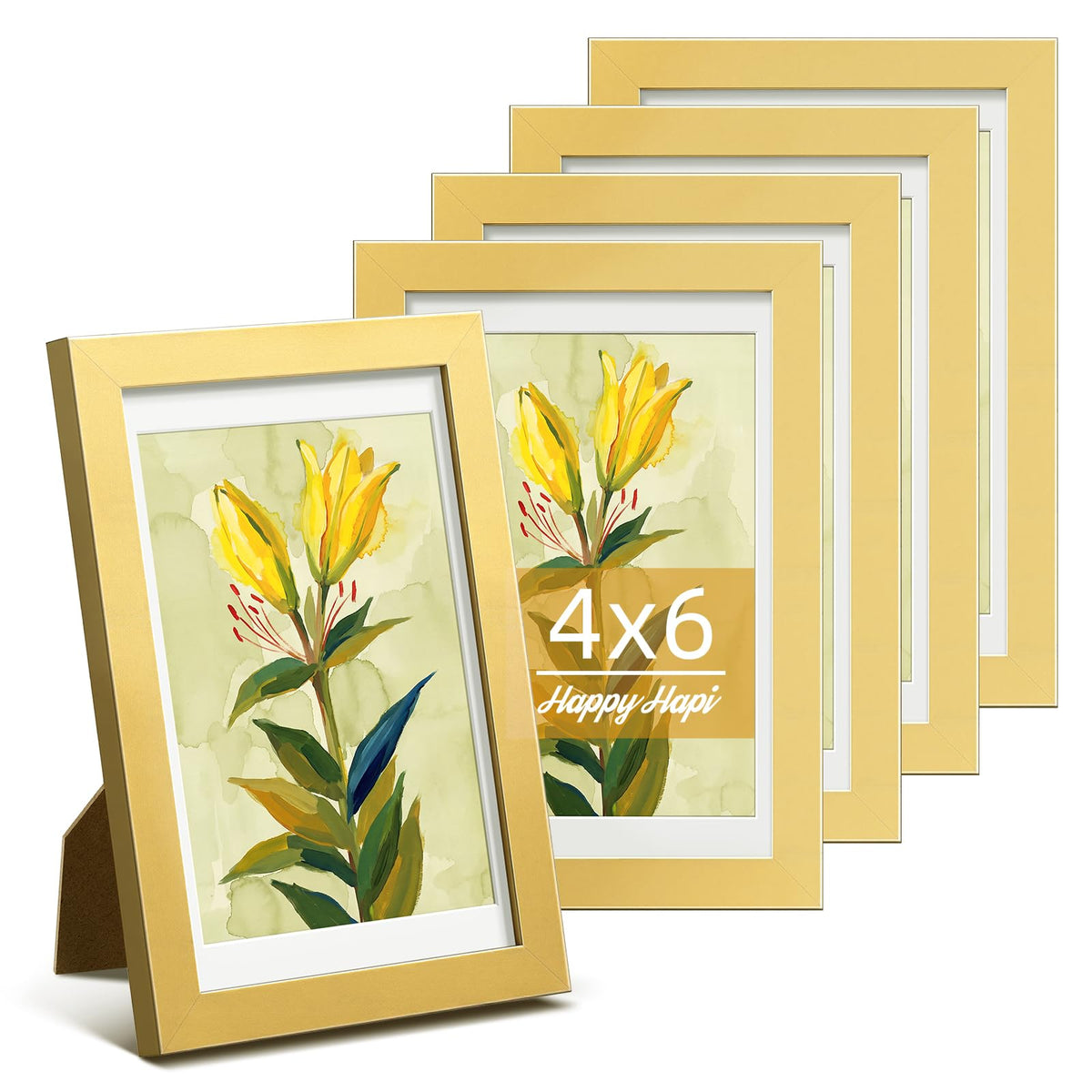 HappyHapi 4x6 Picture Frame Set of 5, Wall or Tabletop Display, Black