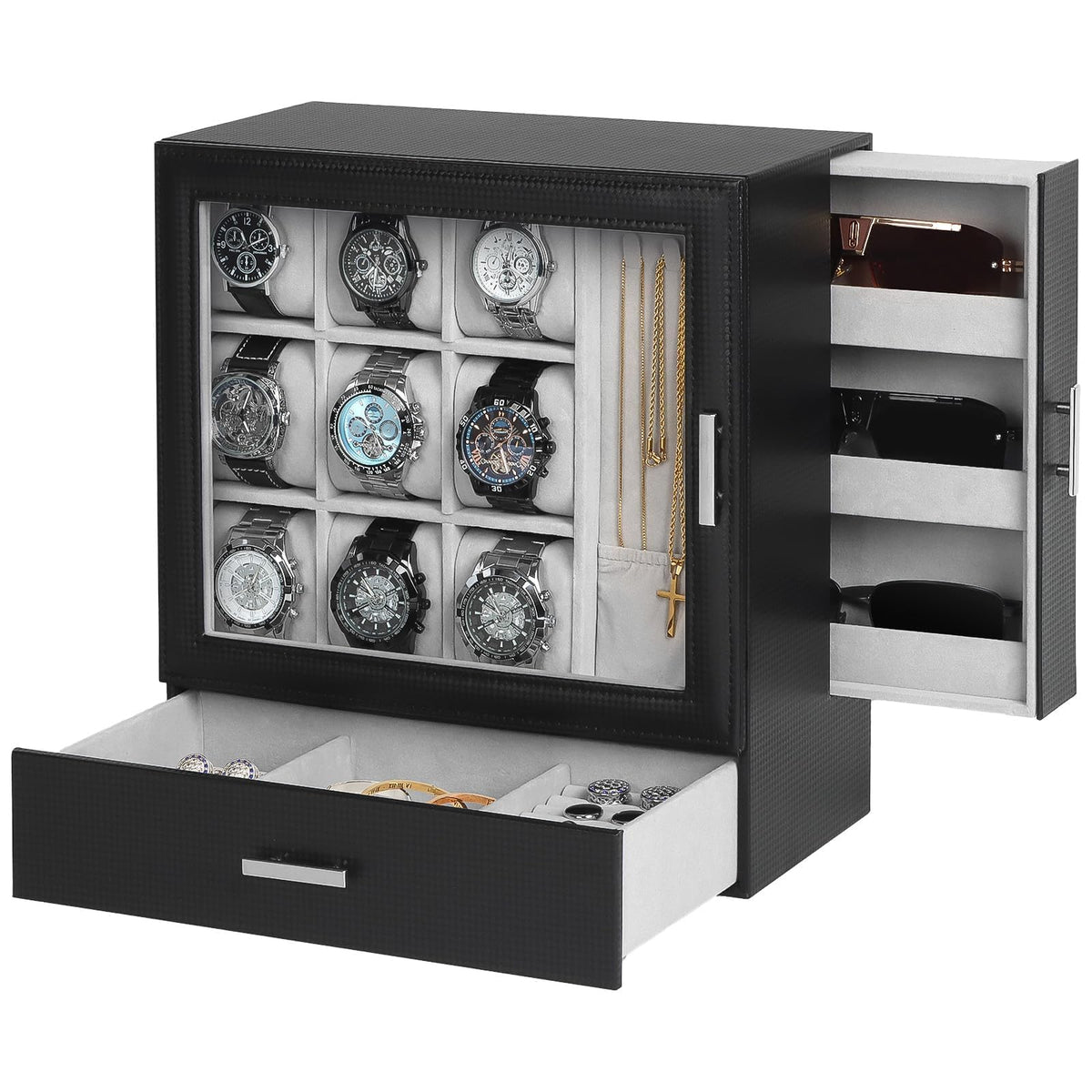 Kukikan Mens Jewelry Box Organizer, 6 Watch Slots & 3 Sunglasses -Black