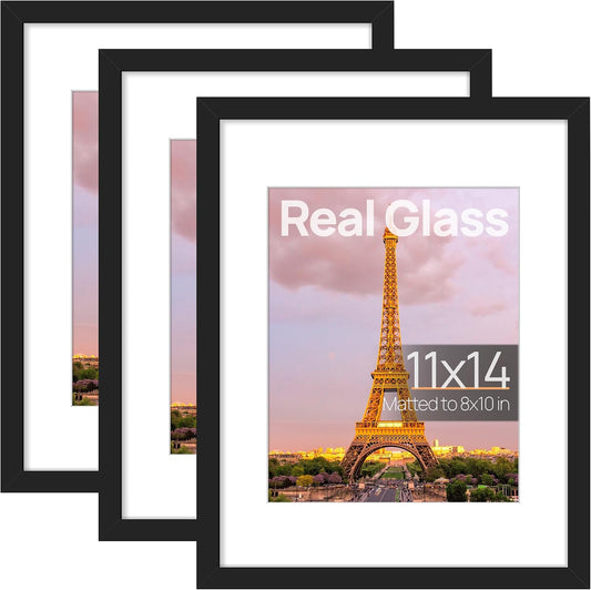 upsimples 11x14 Picture Frame, Gallery Glass Photo Frames Set of 3, Black