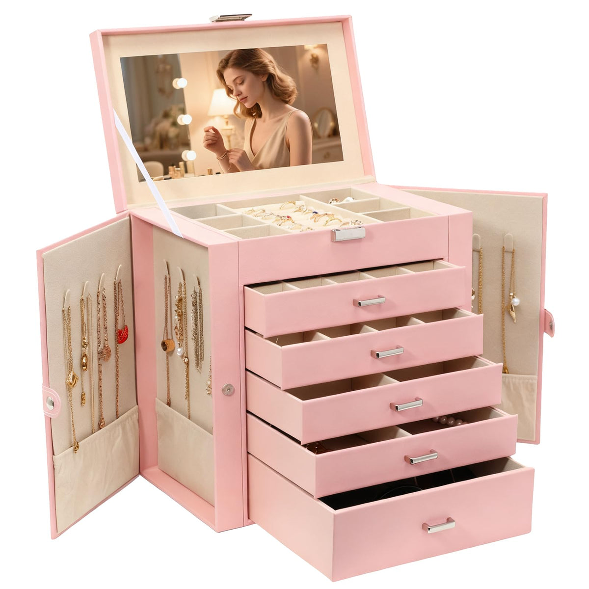 BOOVO Large Jewelry Box for Women 6 Layer