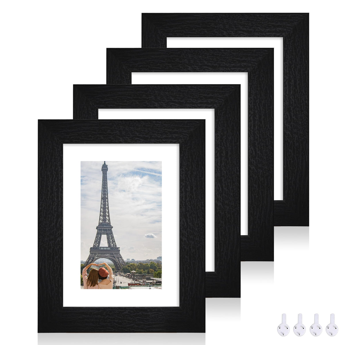 Hongkee 5x7 Picture Frame Set of 4, Real Glass and Wooden Frame, 4x6 Mat