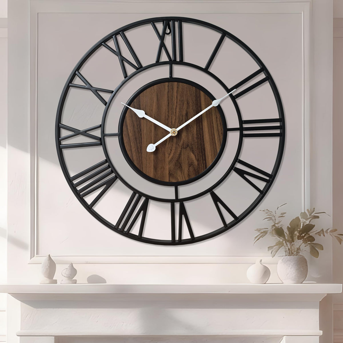 Large Metal Wall Clock, 20 Inch Retro Decorative Silent, Non Ticking, Battery Operated Modern Big Wood Wall Clock for Living Room, Farmhouse, Bedroom, Fireplace, Kitchen, Office, Home Decor