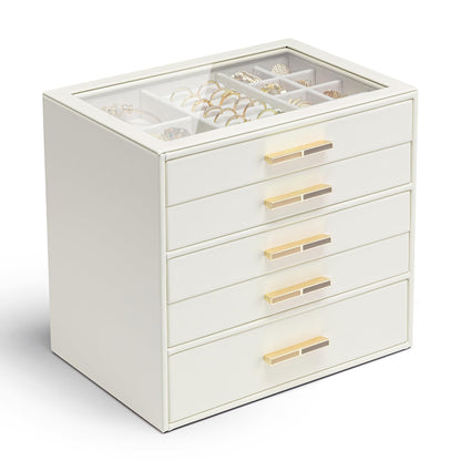 Vlando 4-Drawer Jewelry Box Organizer with Glass Lid, White