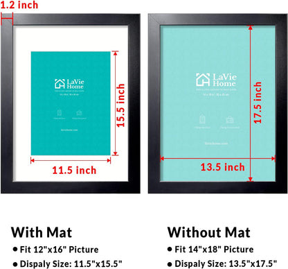LaVie Home 14x18 Picture Frame Black Poster Frame,Display Pictures 12x16 with Mat or 14x18 Without Mat, Stable and Sturdy Frame and Polished Plexiglass, Horizontal and Vertical Format of The Walls