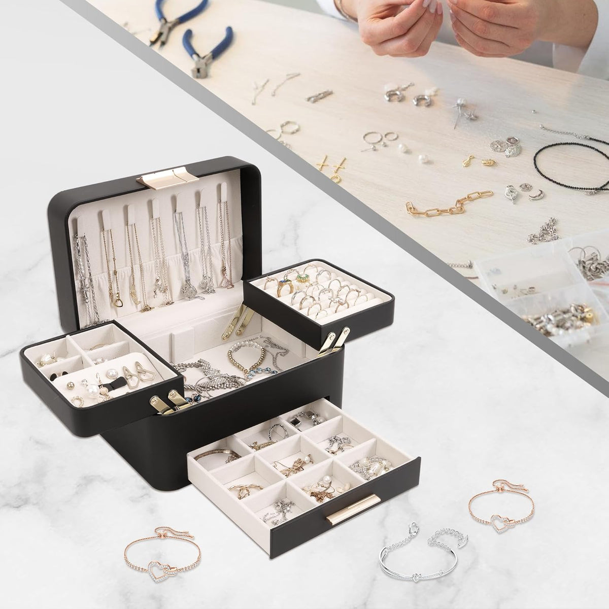 KAMIER Jewelry Box, 3 Layers Jewelry Organizer with Drawers, PU Leather Jewelry Storage Organizer for Earring, Ring, Necklace, Bracelets, Christmas Gift, Bluish Grey