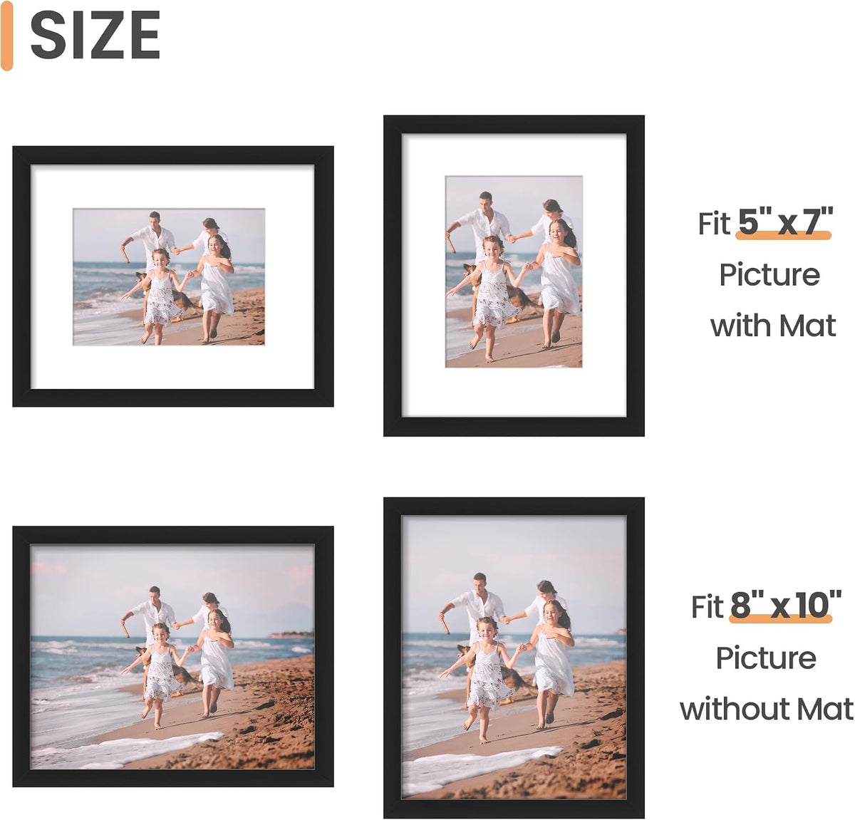 upsimples 8x10 Picture Frame Set of 10, Display Pictures 5x7 with Mat or 8x10 Without, Multi Photo Frames Collage for Wall or Tabletop Display, Black