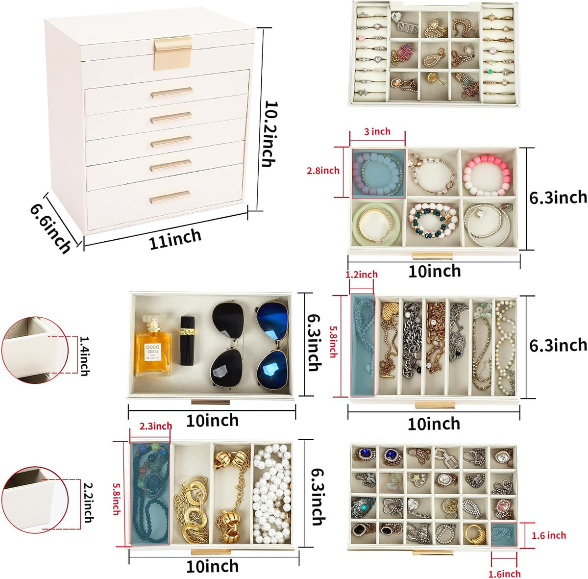 BOOVO Jewelry Boxes for Women, White and Black 6 Layer Large Jewelry Box for Necklace, Bracelet, Earrings, Rings Storage, Jewelry holder Organizer for Girls Gift (Champagne, 6 layer)