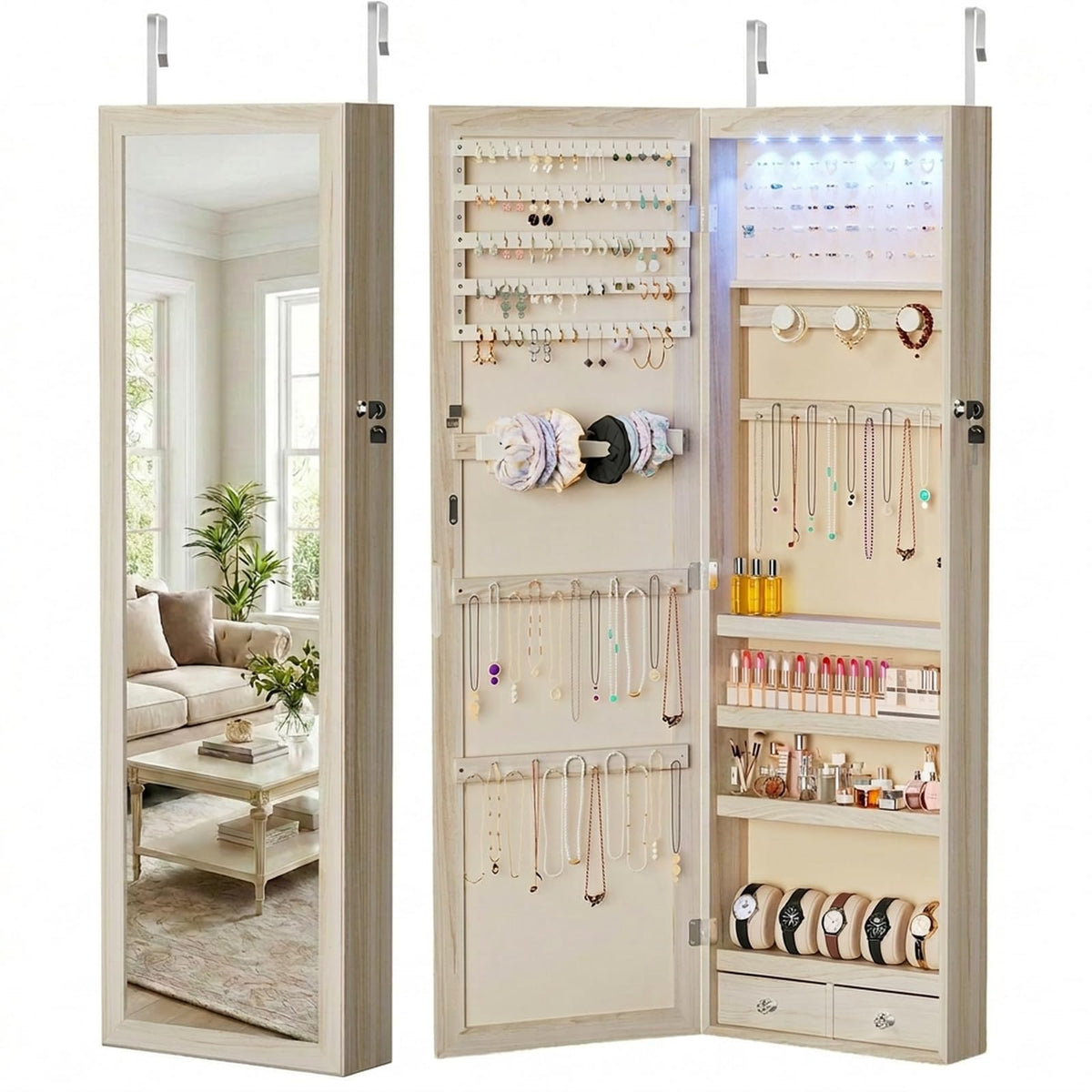 DUMOS 6 LEDs Mirror Jewelry Cabinet, Wall or Door Mounted Jewelry Organizer, 47.2-Inch Tall Lockable Large Capacity Cosmetic Storage, Gift Idea, White