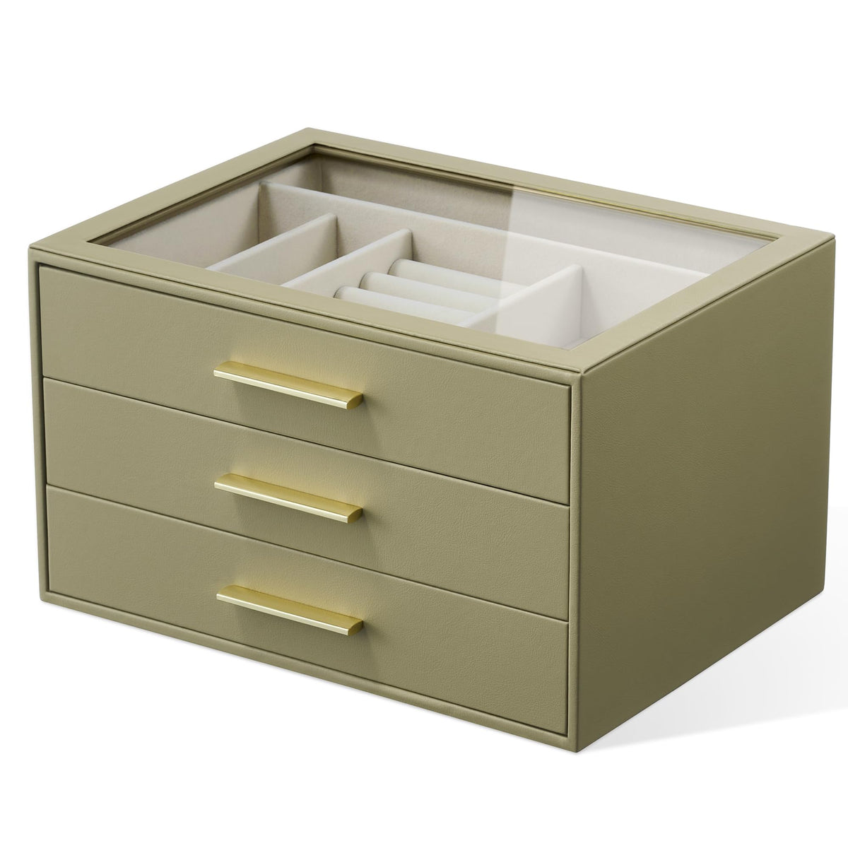 Jewelry Box Organizer Storage Case, 3-Layer with Glass Window, White