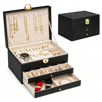 Jewelry Boxes for Women Girl Large PU Leather Jewelry Organizer Box with Lock Jewelry Organizers and Storage Case with Two drawers Display for Earrings Bracelets Rings Watches