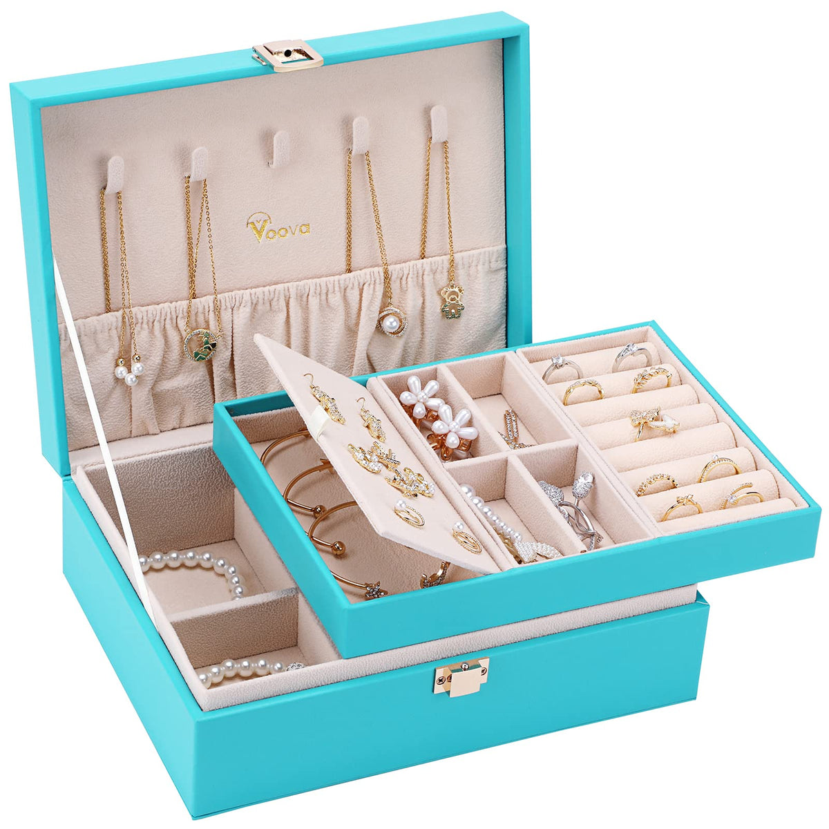 Voova 2 Layer Jewelry Box Organizer with Removable Tray, Vintage Gift, Apricot