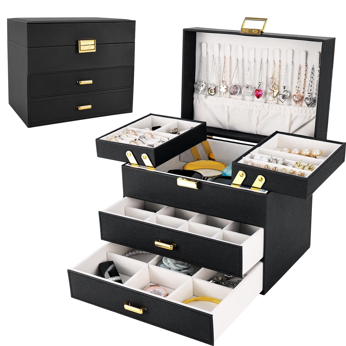 Dajasan Jewelry Organizer Box, Large Jewelry Boxes for Women Girls, Space-Saving 3 Layers Jewelry Storage Case with Drawer, Movable Metal Stand, Modern, Gift Idea (Black)