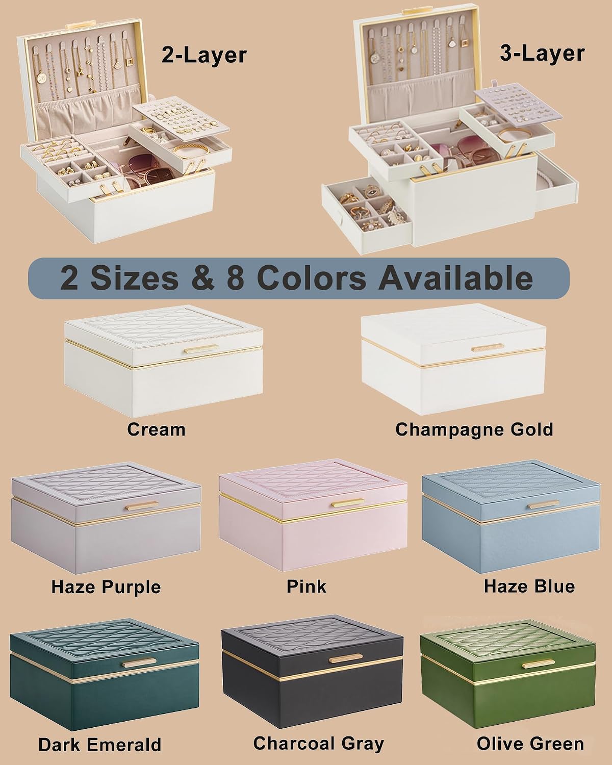 Lolalet Jewelry Box for Women Girls, 2 Layer Jewelry Organizer -Cream