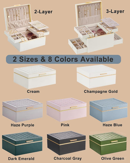 Lolalet Jewelry Box for Women Girls, 2 Layer Jewelry Organizer -Cream