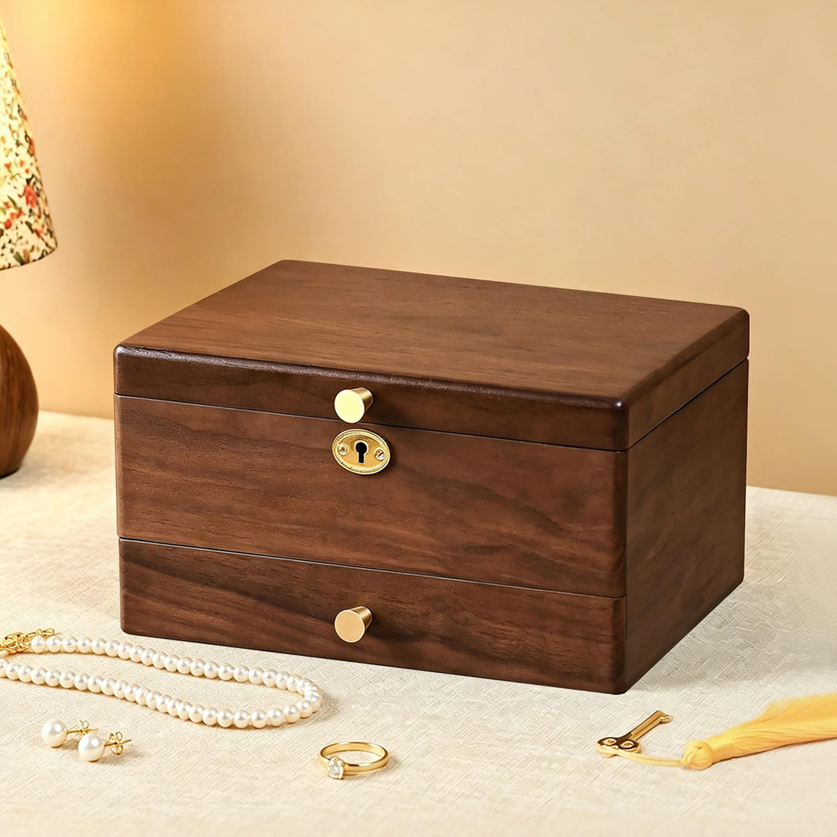 Black Walnut Wooden Jewelry Box for Women, 3 Layer Organizer with Drawer