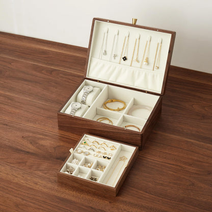 Black Walnut 3 Layer Wooden Jewelry Box Organizer