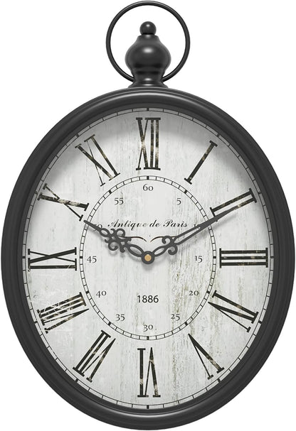 Menterry Large Oval Retro Wall Clock, Rustic Vintage Style, Antique Black