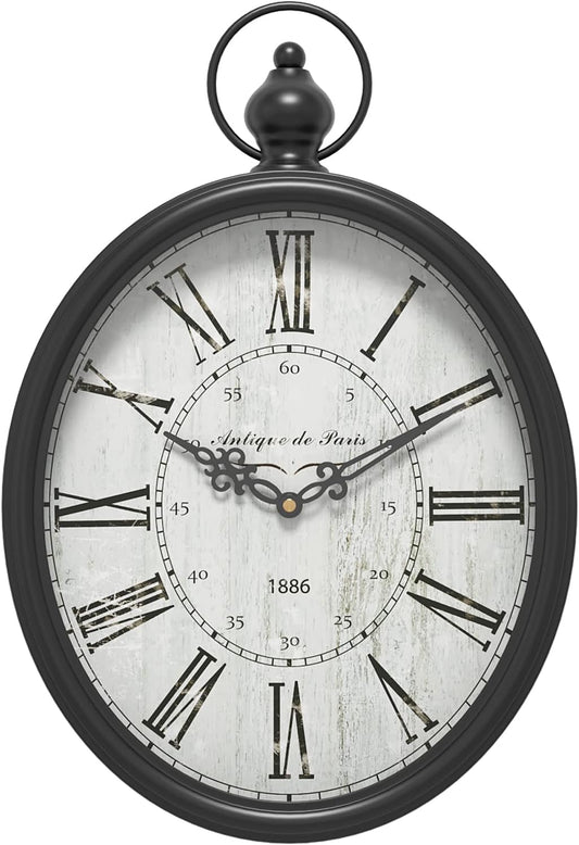 Menterry Large Oval Retro Wall Clock, Rustic Vintage Style, Antique Black