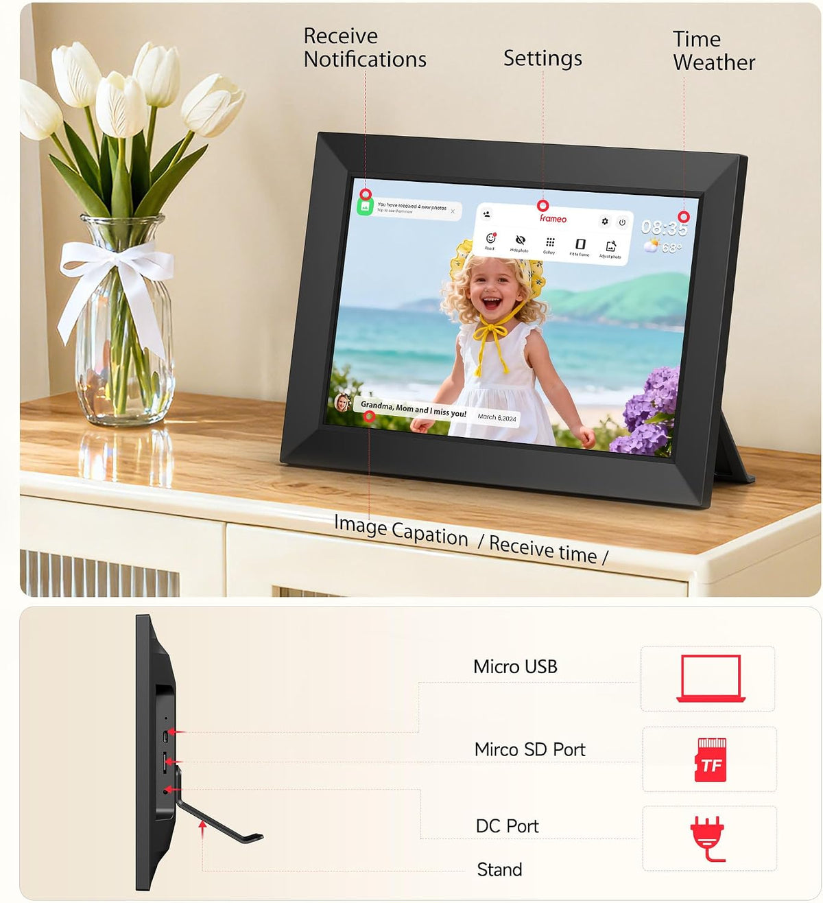 BIGASUO Digital Picture Frame, 10.1" Frameo Digital Frame WiFi with 32GB Memory, 1280x800 IPS Touch Screen, Send Photos/Videos from Your Phone Anywhere, Photo Gifts for Parents and Grandparents