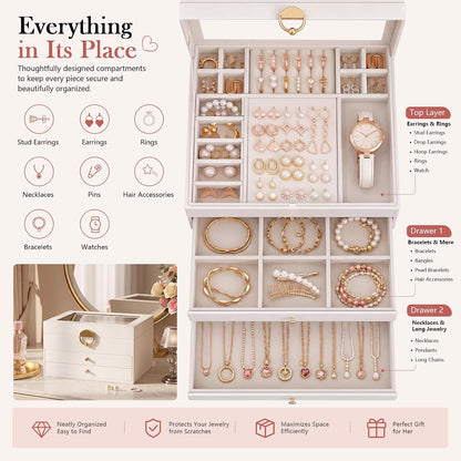 Jewelry Box, 3-Layer jewelry organizers and storage, Cloud White