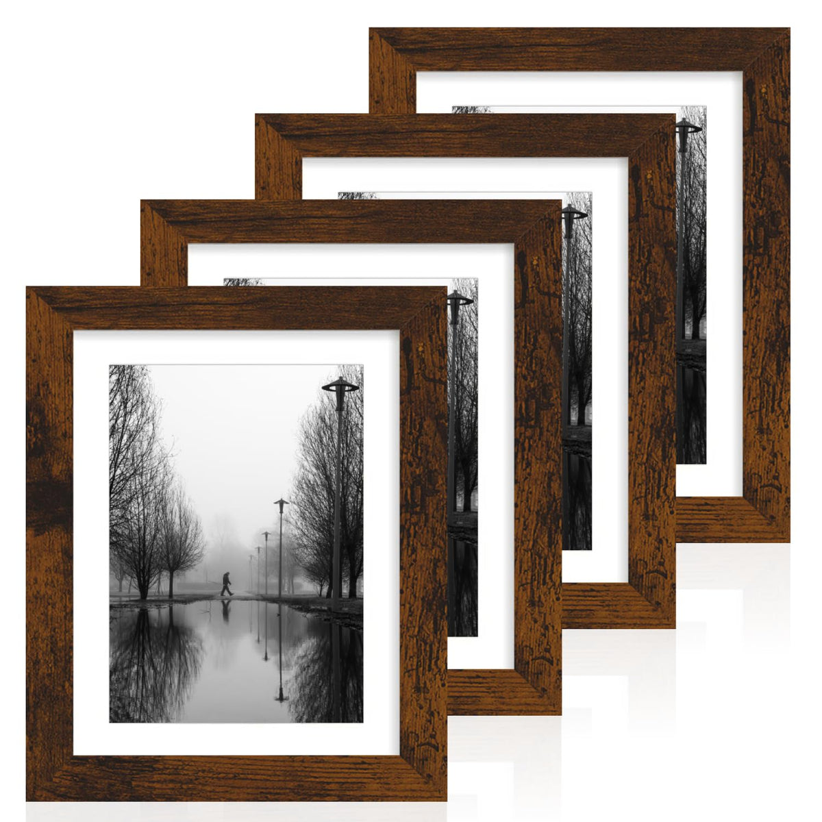 iRahmen 5x7 Picture Frame Set of 4, High Definition Real Glass Rustic Brown Frame, 5 x 7 Wood Photo Frames for Tabletop Display and Wall Mounting
