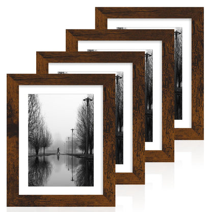 iRahmen 5x7 Picture Frame Set of 4, High Definition Real Glass Rustic Brown Frame, 5 x 7 Wood Photo Frames for Tabletop Display and Wall Mounting