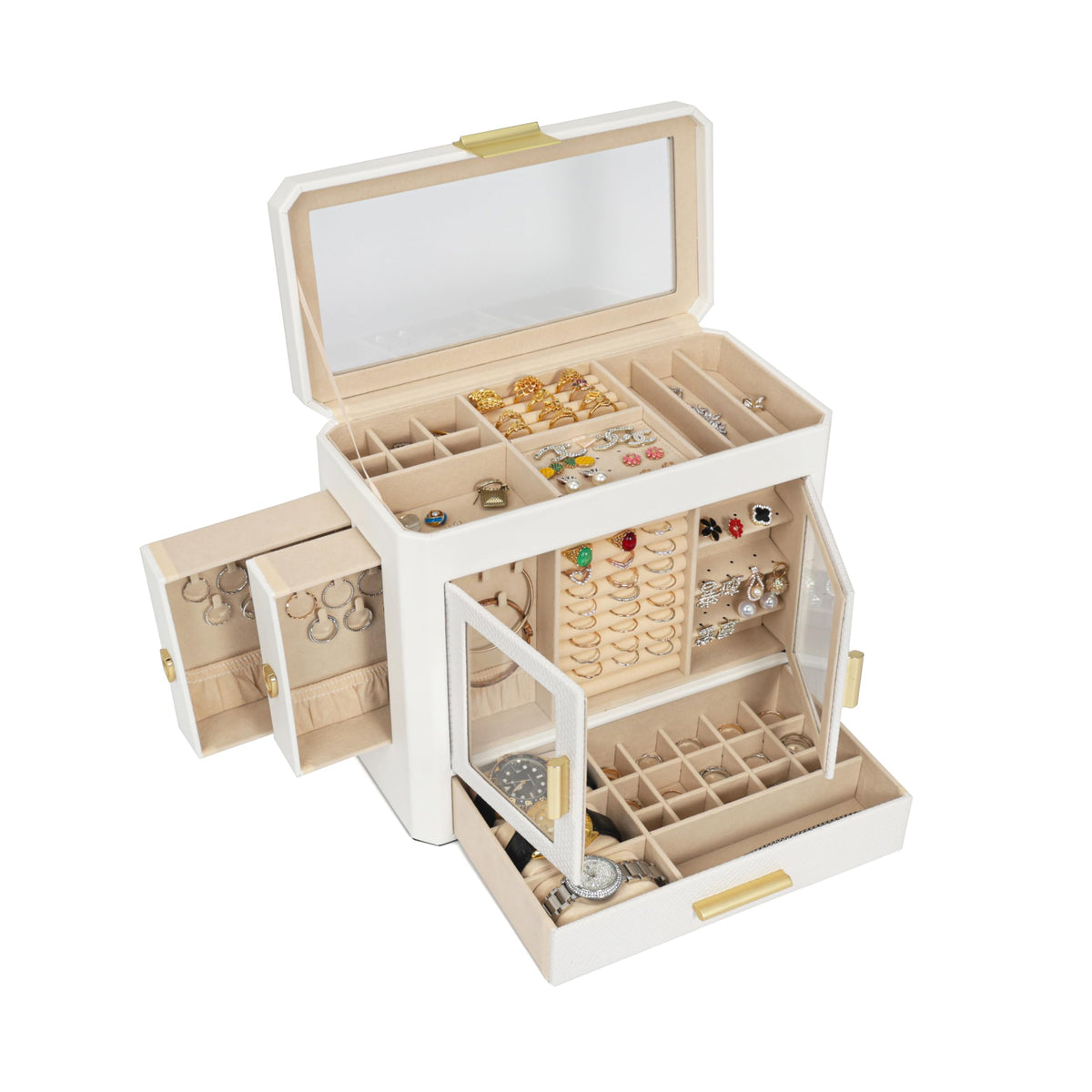 Jewelry Box for Women, 3-Layer Jewelry Box, Jewelry Organizer with Clear Glass Lid and Drawers, Jewelry Organizers and Storage for Necklaces, Rings, Earrings, Bracelets(White)