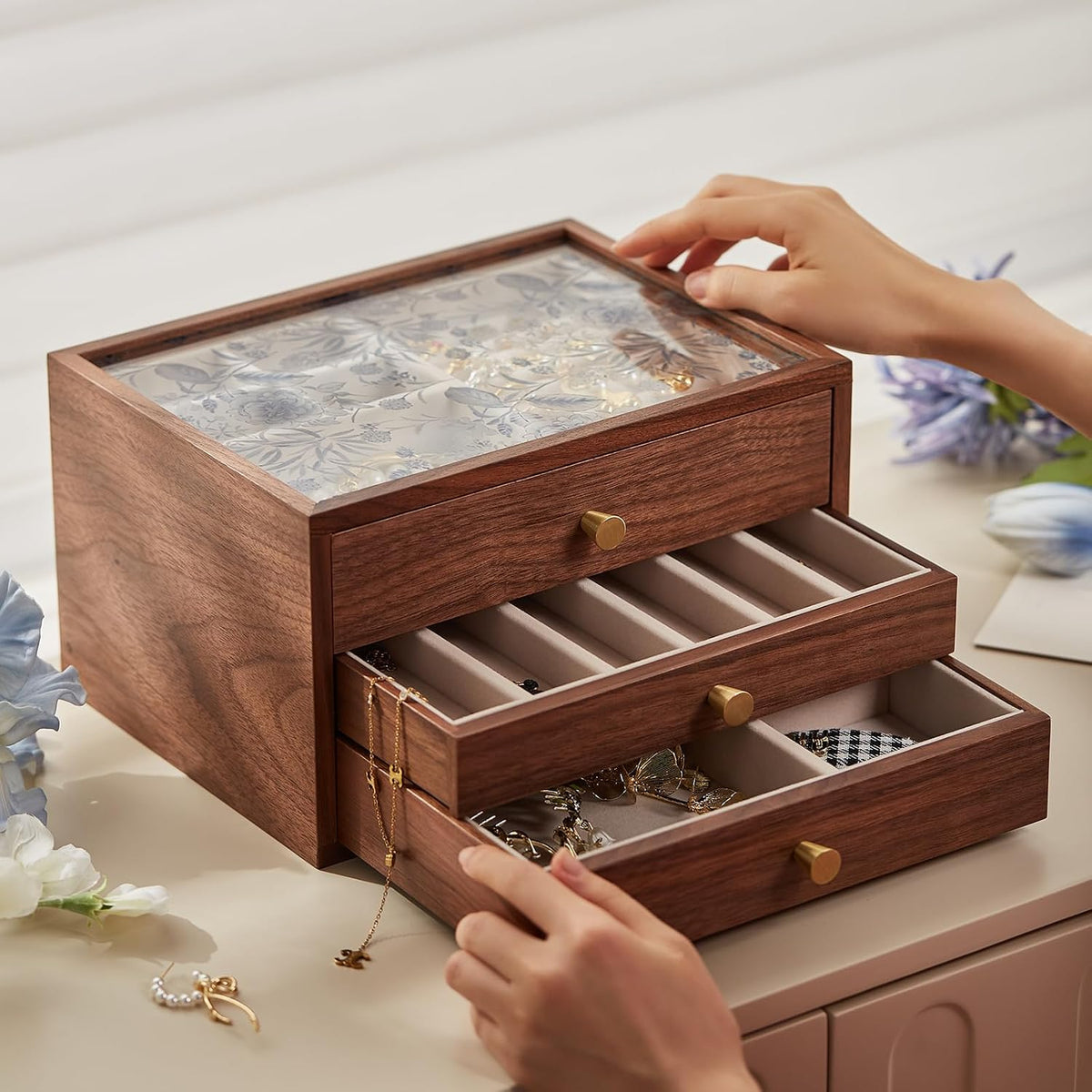 Black Walnut Wooden Women Jewelry Box with Glass Lid, 3 Layer