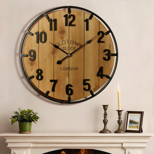 Vantic Farmhouse 30 Inch Wood Arabic Large Wall Clock with Metal Circle