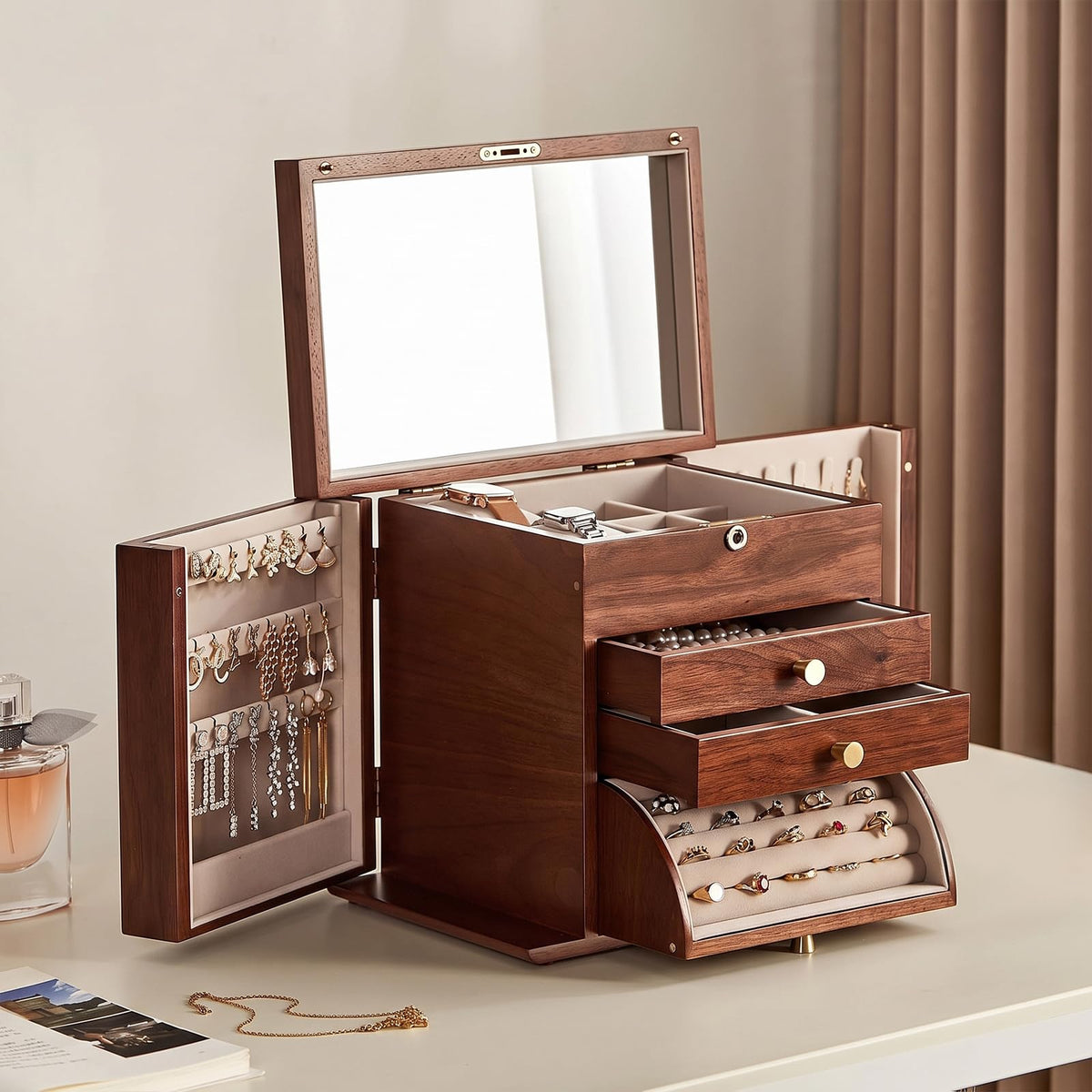Black Walnut Wooden Jewelry Box for Women, 6 Layer