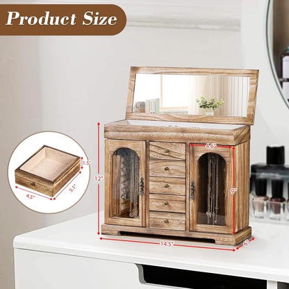 Miratino Jewelry Box for Women Girls, Rustic Wooden Jewelry Organizer Box with Mirror, 5 Layer Jewelry Storage Case Display for Necklaces Earrings Rings Bracelets Valentine's Day Gifts
