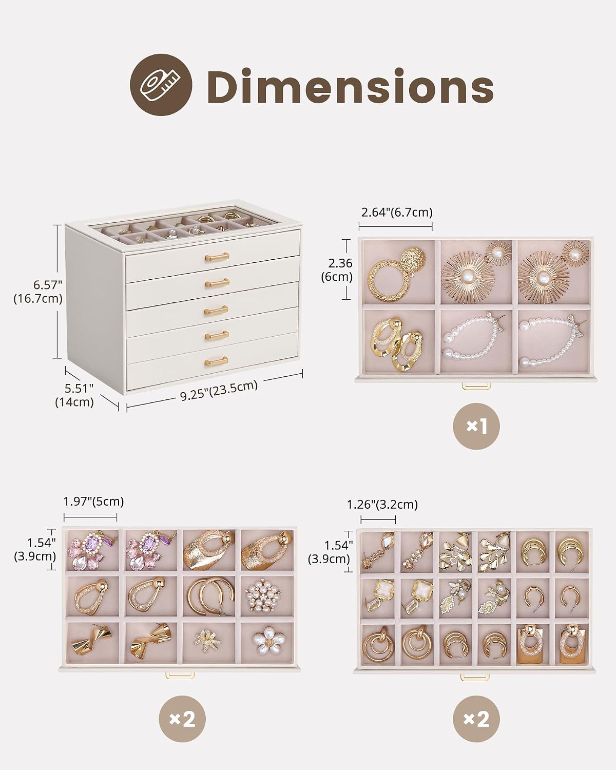 Lolalet Earring Organizer, Jewelry Box with Clear Lid -Beige, 5 Layer