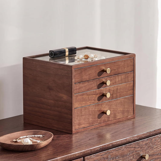 Black Walnut Wooden Women Jewelry Box with Glass Lid, 4 Layer