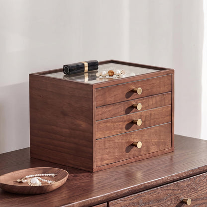 Black Walnut Wooden Women Jewelry Box with Glass Lid, 3 Layer