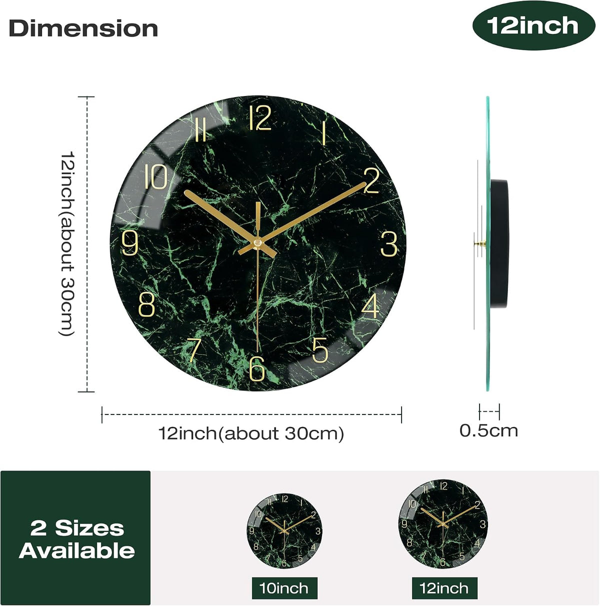 VIKMARI 12inch Emerald Green Abstract Marble Glass Wall Clock Kitchen Decor