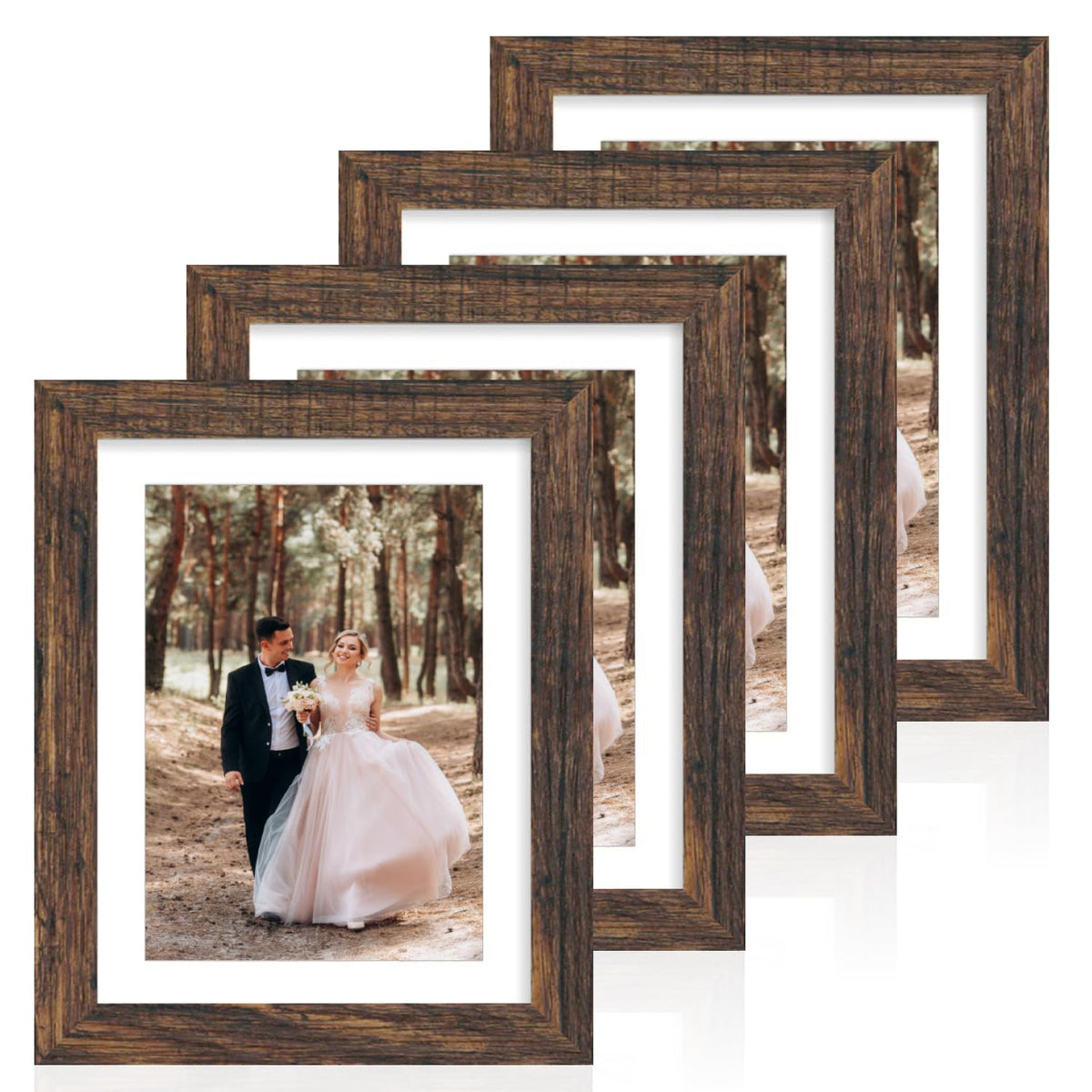 iRahmen 5x7 Picture Frame Set of 4, High Definition Real Glass Rustic Brown Frame, 5 x 7 Wood Photo Frames for Tabletop Display and Wall Mounting
