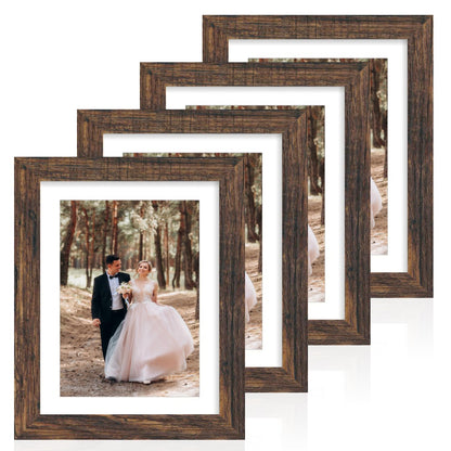 iRahmen 5x7 Picture Frame Set of 4, High Definition Real Glass Rustic Brown Frame, 5 x 7 Wood Photo Frames for Tabletop Display and Wall Mounting