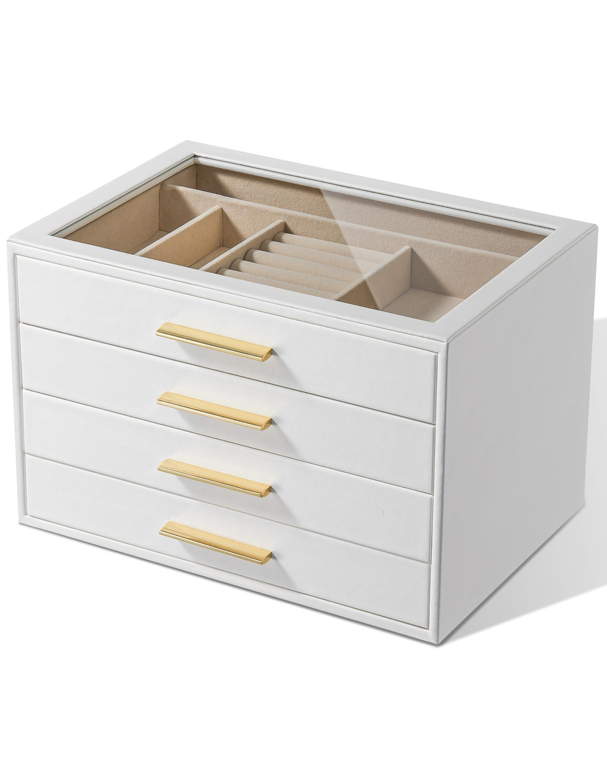 Jewelry Box Organizer Storage Case, 3-Layer with Glass Window, White