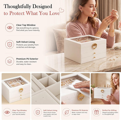 Jewelry Box, 3-Layer jewelry organizers and storage, Cloud White