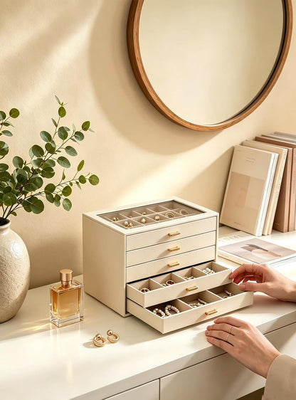 Lolalet Earring Organizer, Jewelry Box with Clear Lid -Beige, 5 Layer
