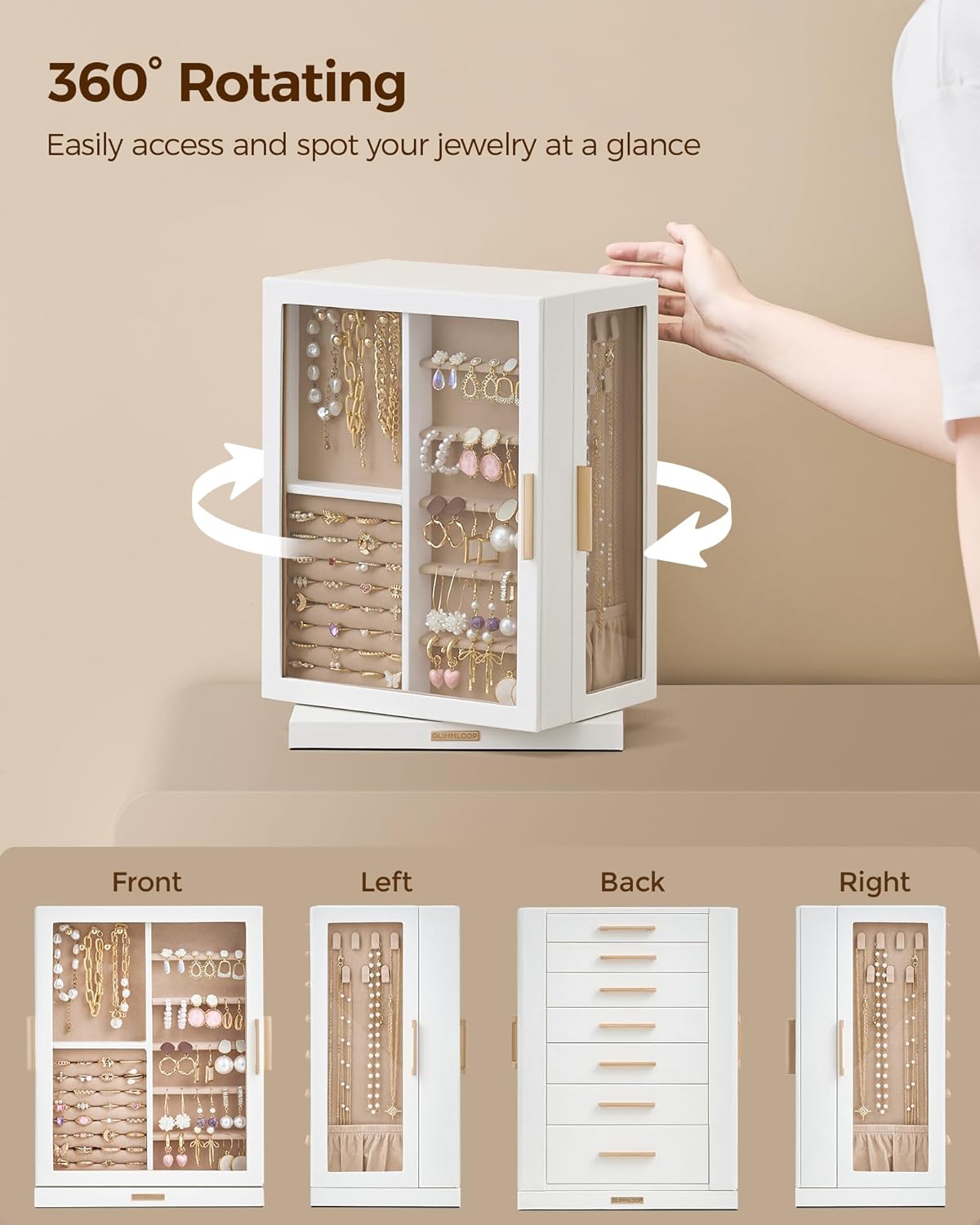 Glimmloop 360° Rotating Jewelry Box with 7 Drawers, Spacious Vertical Jewelry Organizer with Glass Window, Jewelry Storage Case, Dustproof & Moisture-resistant Design, White