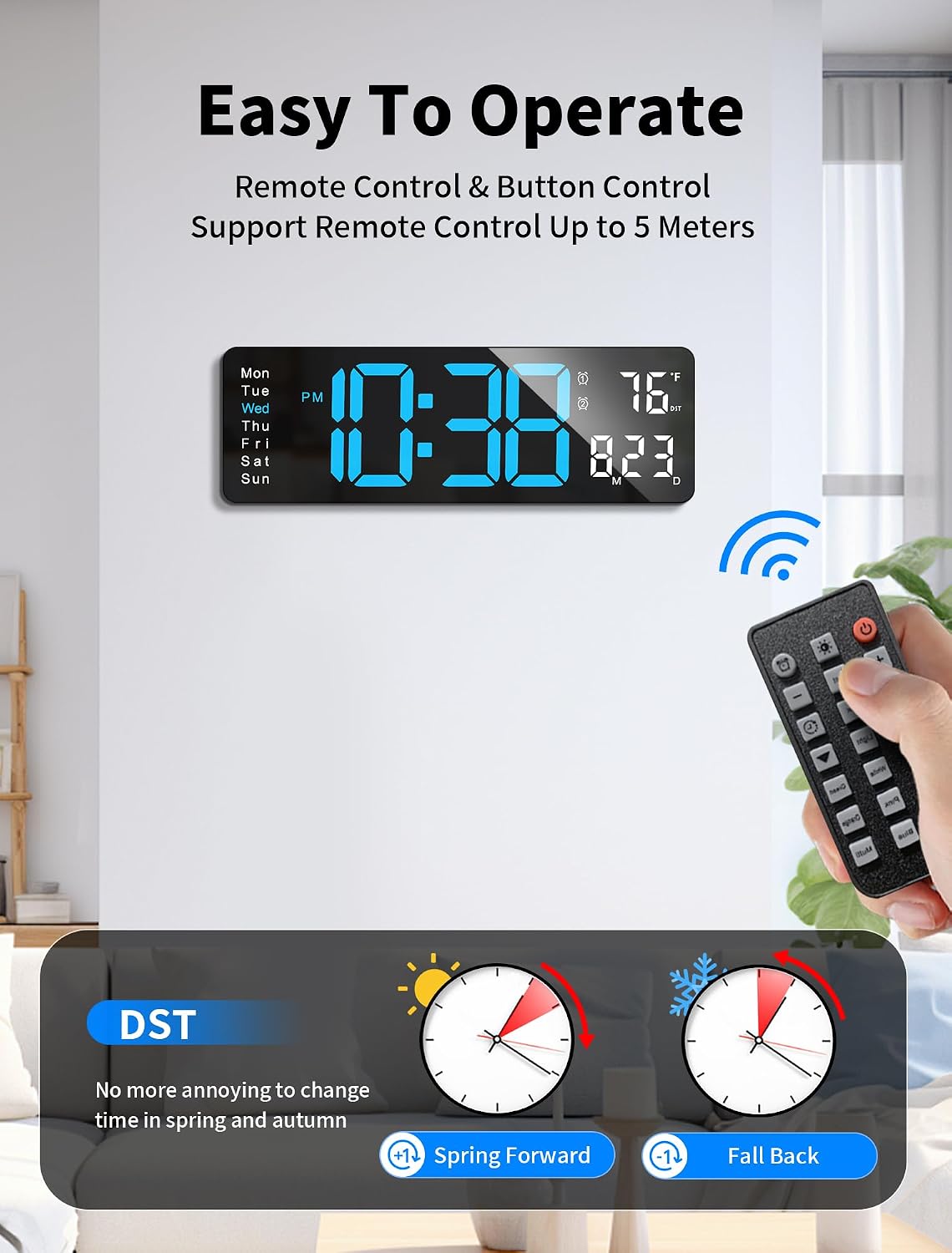MASHI Digital Wall Clock, 16" Large Display Digital Clock with Remote Control, Auto-Dimming Wall Clock with Night Light, DST, Date Week,Temp for Living Room, Bedroom, Decor, for Elderly
